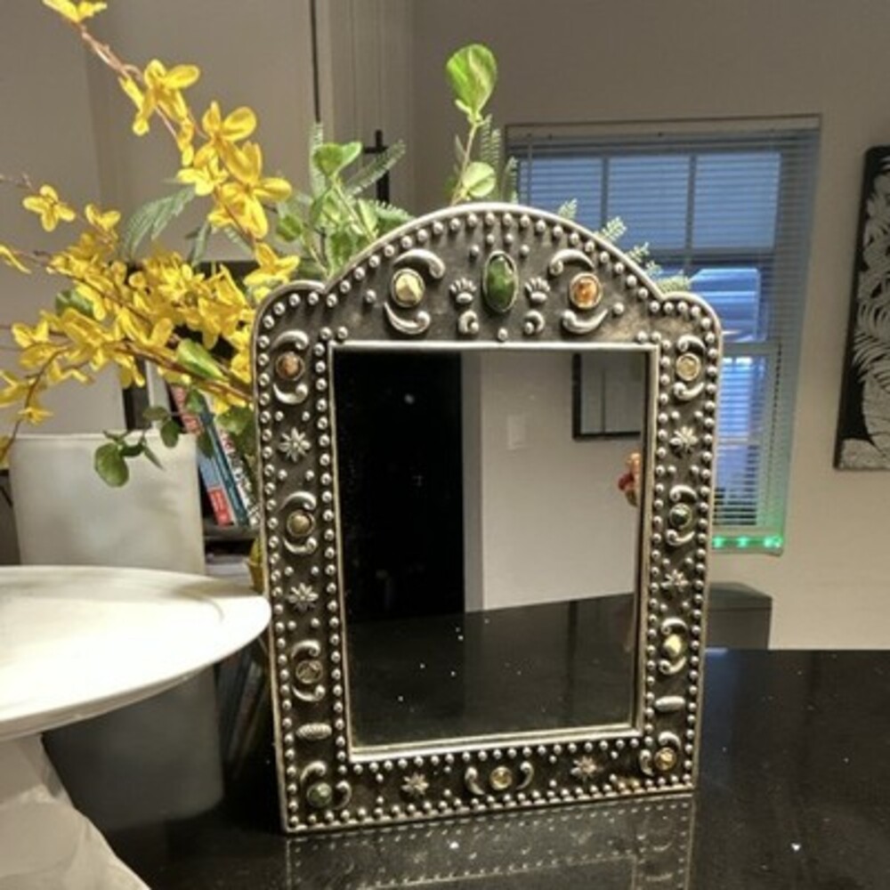 Vintage Moroccan Style Arched Metal Mirror – Handcrafted with Gemstone Hermitage